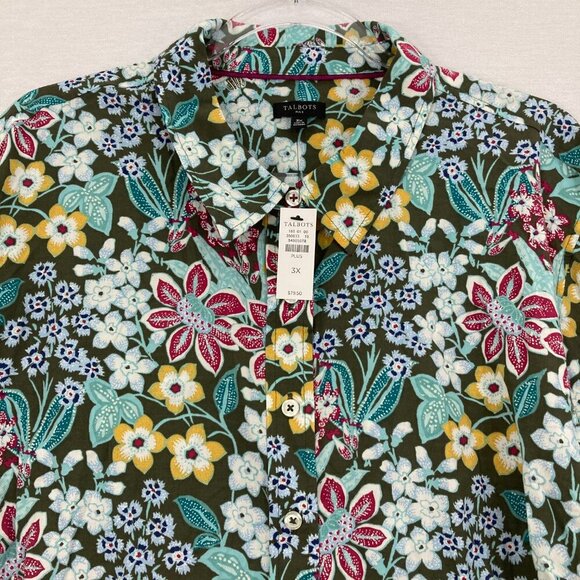 New Talbots Mirrored Garden Cotton Button Front Shirt 3X Colorful Floral Preppy - Picture 4 of 12